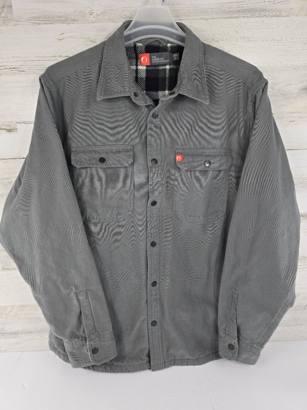 The American Outdoorsman Jacket Mens XL Gray Canvas Snap Plaid Fleece Lined *EUC